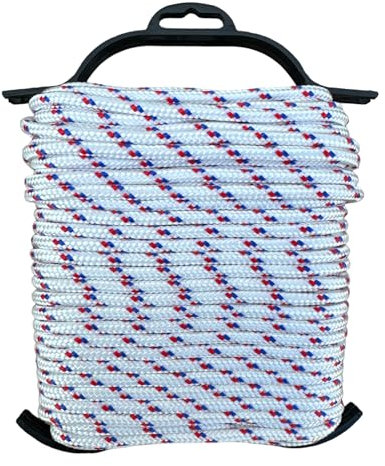 eacommerce - Corda in Polipropilene Alta Tenacità 16 Fusi Multiuso | Anti UV | Ideale per Nautica, Bianco con Segnalino Rosso/Blu, 6 mm, 20 metri