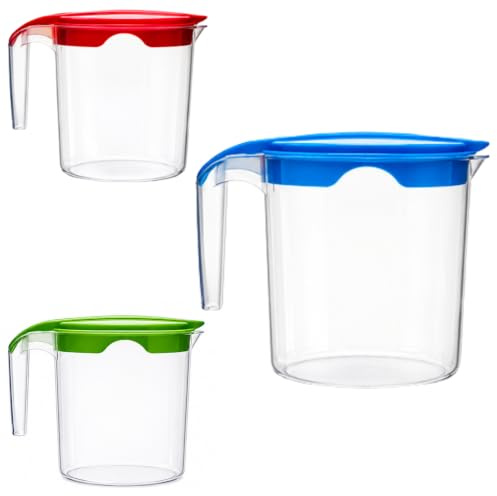 1 Liter Plastic Water Jug with Lid Milk Juices Drinks Fridge Jug Ideal for Everyday Use Indoor Outdoor Party (Blue, Red & Green)
