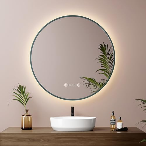 EMKE Runder Badspiegel mit Beleuchtung ф60cm, dunkelgrün, dimmbar, beschlagfrei, Uhr, Temperaturanzeige, LED Badspiegel mit neutralem Licht, Badezimmerspiegel mit Beleuchtung