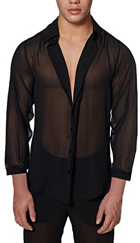 Herren Netz Hemden Transparent Langarm Top Transparent Shirt Mesh Sexy Oberteil Top Hemd Durchsichtig Spitzenhemd Netz Shirt Durchsichtiges Hemd Transparentes Langarmshirt Dünn