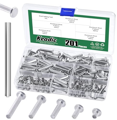 Keadic 201Pcs M5 Aluminum Flat Head Semi-Tubular Rivets Assortment Set, M5 x 6/12/20/25/30mm Silver Tone Metal Stud Fasteners for Leather Household Automobile Industry