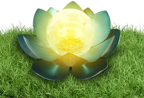 Tuzsocr Solar Lotus Laterne, Lotusblüte Solarlampe für außen, Kugel Crackle-Glas Garten Strahler, für Außen Terassendeko LED Solarleuchten Wasserdicht Metall Solarlaterne für Außen, 20cm (Blau)