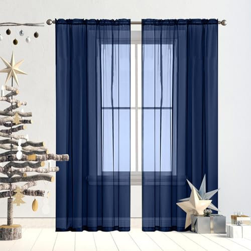Gardinen Vorhänge Leinenvorhang mit Ösen 190 x 270 cm Transparent in Leinen-Optik Waschbar in Vielen Bunten Farben Deko Gardinen Vorhang, Leinenoptik Gardienen Hochzeit Fenster Wohnzimmer, Dunkelblau