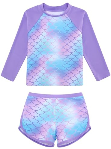 ALISISTER Costume da Bagno per Bambine a Maniche Lunghe 2 Pezzi 7-8 Anni Vestito da Sirena con Protezione UV Set da Nuoto per Le Vacanze estive in Spiaggia Viola