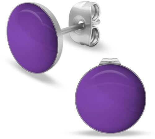 Soul-Cats orecchini a bottone rotondi in acciaio inox lucido per donne e ragazze, diametro 10 mm, colore: viola