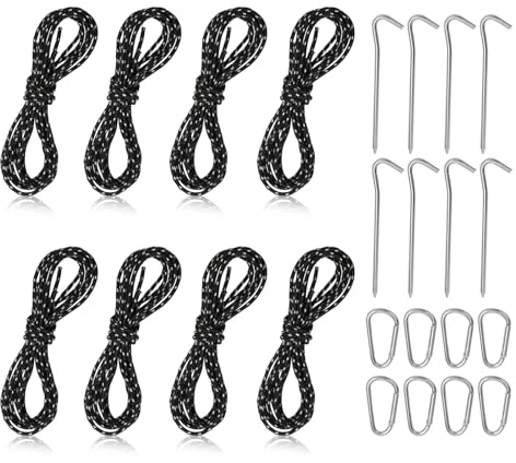 LURICO Camping Zubehör Abspannseile Camping Set – 8X reflektierende Zeltleinen (2m, 2mm) + 8X Alu-Heringe & 8X Alu-Spanner für sichere Zeltbefestigung (Schwarz)