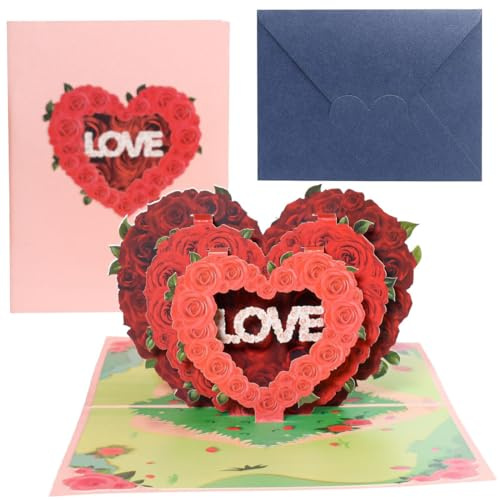3D Karte, Herzform Rot Rose Pop Up 3D Karte Grußkarte mit Umschlag, Hochzeitskarten, Valentinstag Karte für Hochzeitstag, Hochzeitsgeschenk, Geburtstag, Hochzeitseinladung