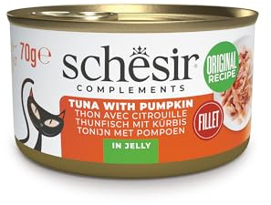Schesir in Jelly, Tonnät med pumpa 12 x 70 g burk, komplett våtfoder för katter, grymhetsfri, utan konserveringsmedel, hållbart fiskeläge
