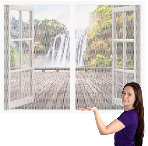 Magnet Fliegengitter Fenster Klein 122 x 130 cm Insektenschutz Insektenschutzgitter Terrassentür Ohne Bohren Atmungsaktiv Selbstschließend für Terrassentür Und Fenster, Weiß