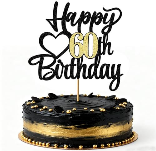 60th Birthday Cake Topper, Cake Toppers Birthday Personalised, Black&Gold Cake Decorations, Happy 60th Birthday Cake Sign for Women Men, Glitter Party Supplies