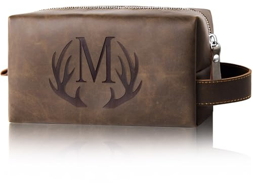 Elehui Trousse de toilette de voyage personnalisée pour homme, initiale gravée, sac de rasage imperméable en cuir synthétique pour articles de toilette, cadeau de Noël, d'anniversaire pour homme, papa