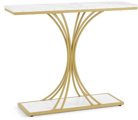 Barberpub Konsolentisch Schmal, Eingangstisch Holz Metallgestell, Flurtisch mit 2 Ebenen, Moderner Beistelltisch für Flur, Wohnzimmer, Vorzimmer, Eingang, Foyer, Marmor-Weiß Gold, 30x100x80,5cm, 2226