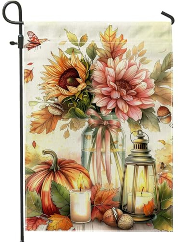 Drapeau de jardin floral d'automne, tournesols oranges et dahlia de pêche, bannière de décoration d'intérieur, drapeau double face en toile de jute, décoration extérieure saisonnière 30,5 x 45,7 cm