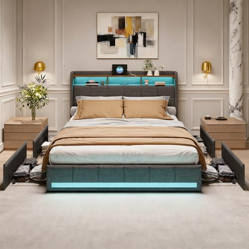 BRYXR Boxspringbett 140x200 mit Lattenrost，Stilvolles Polsterbett mit Stauraum, 4 Schubladen, Individueller LED-Beleuchtung, USB und Typ-C-Anschlüssen, Modernes Graues Design für optimalen Komfort