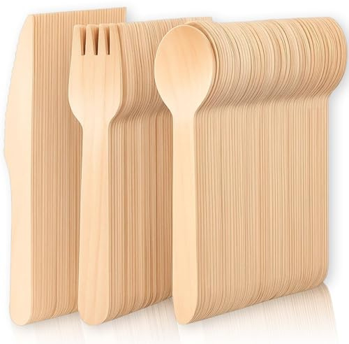 300pcs Wooden Cutlery, Wooden Knives and Forks, 100 Spoon, 100 Forks, 100 Knives, Party Cutlery for Weddings, Picnics, BBQs, Office Parties, and Birthday Parties