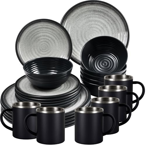 Melamin Geschirr Set Grau Schwarz Edelstahl Thermo Tassen Tonoptik Camping