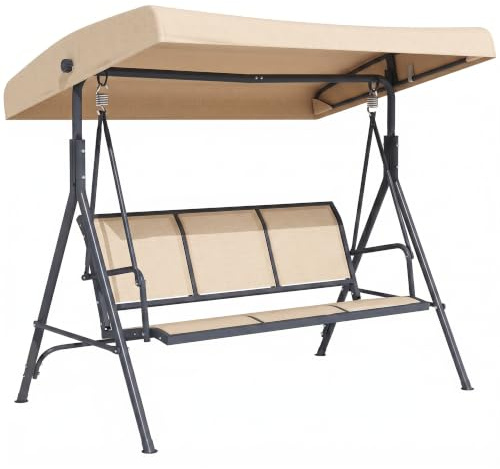 Outsunny Columpio de Jardín Exterior de 3 Plazas, 175x118x159 cm, Beige | Toldo Reclinable, Balancín de Jardín Exterior, Respaldo Transpirable, Marco de Acero, para Terraza Balcón