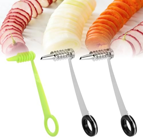  3pcs Piranha Spiral Cutter,Stainless Steel Flower Curler,Plastic Spiral Knif e for Boiled Eggs,Tomato,Zucchini,Vegetables,Cucumbers and Carrots,Easy to Clean(Green+silver+balck,Size:10.8 * 4.3cm)