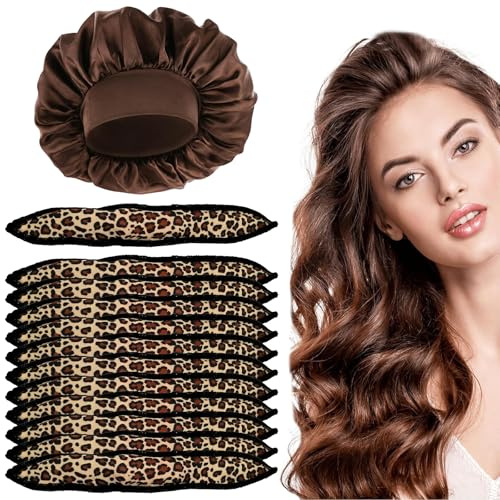 VEOIRXU 12 Pezzi Bigodini In Schiuma Senza Calore Con Cuffia Da Notte Per Capelli Lunghi E Medi Spugna Morbida Per Dormire Per Bambini Donne Rulli Per Capelli Strumenti Per Styling (Stampa Leopardata)