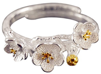 NicoWerk SRI132 Damring i 925 sterlingsilver, dekorerad med fina blommor och förgylld, justerbar ring, inkl. presentförpackning, designad i Tyskland, Sterlingsilver, Ingen ädelsten