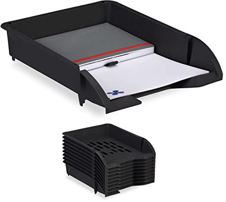 Relaxdays Ablagefächer stapelbar, 10er Set, DIN A4 Papier, Büro & Schreibtisch, Dokumentenablage Kunststoff, schwarz