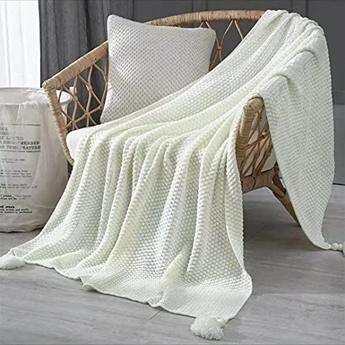 Austinciaga Strickdecke, Sofaüberwurf, Tischüberwurf, Nordisch, Warm, Weich, mit Fransen, handgefertigt, für Strand, Picknick, alle Jahreszeiten (Weiß, 150 x 200 cm).