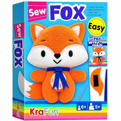 KRAFUN Beginner Sewing Kit for Kids - My First Fox Stuffed Animal Craft, Pre-Punched Thick Felt, Child-Safe Plastic Needles, No-Mess DIY Educational Activity Gift for Girls & Boys Ages 6-10