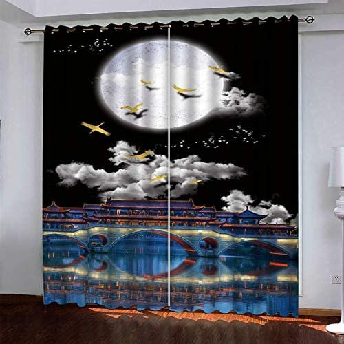 Vorhang Blickdicht Ösen Thermo Verdunkelungs Polyester Gardinen 2 Stück 3D Mondvogel Des Nachthimmels Für Schlafzimmer Wohnzimmer Kinder Oder Babyzimmer 280(B)X250(H) Cm - Bedruckte Verdunkelungsvorh