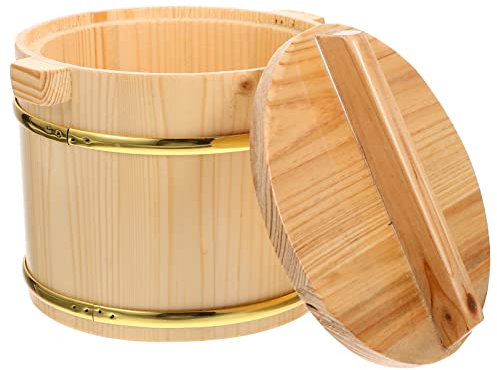 PAREKS Hangiri Sushi Oke Reisschale: Holz Reis Rührwanne Reis Kühlschale mit Deckel Holzeimer Dampfgarer für Zuhause Restaurant Hellbraun 16 x 16 x 15 cm