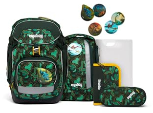 ergobag pack Set ergonomischer Schulrucksack, Schulranzen, Vorgänger-Kollektion, flexibel 6-teilig Grundschule TriBäratops - Dunkelgrün