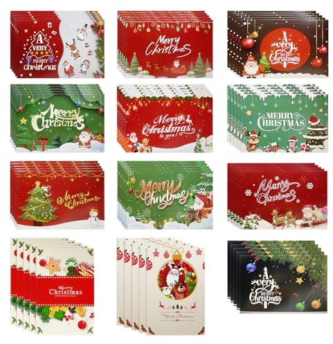 UMCHU 60 Piezas Tarjetas de Navidad,tarjetas de felicitación en blanco,Tarjetas Postales de Navidad Para Año Nuevo,12 Diseños Únicos,para saludos familia, amigos