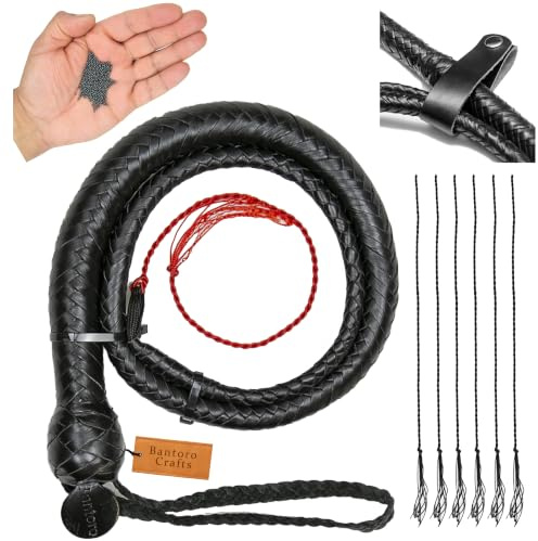 Bantoro Crafts Nero 3 Piedi/0,90 Metri La Frusta a Serpente ha Palline di Piombo. Frusta di Cuoio con Forte crepitio 12 trecce Intrecciate