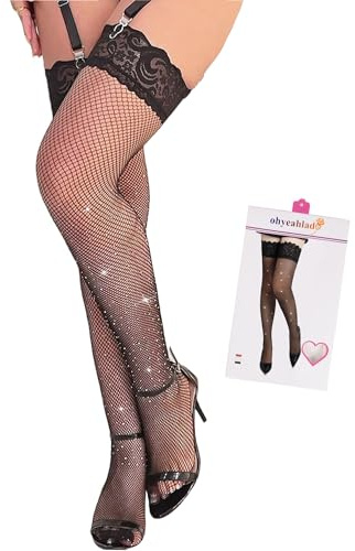 ohyeahlady Netzstrümpfe Halterlos Strümpfe für Damen Sexy Große Größen Nylonstrümpfe Glitzer Stockings Thigh Highs Femboy Hohe Elastizität Strapsen Dessous Mollig Box Packung Schwarz L-XXL