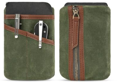 SAYRAM SP9 Pocket Organizer, Waxed Canvas EDC Pouch, Zipper Pocket Organizer Pouch for Men, Slim EDC Organizer for Coins, Notebook, Multitool, Tactical Pen (Green)