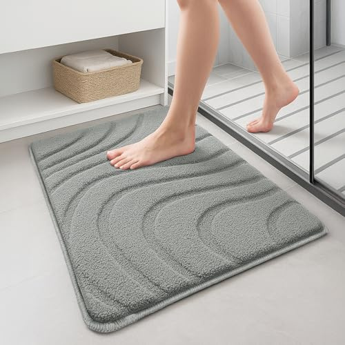 vounot® Tapis de Bain Antidérapant Très Doux et Absorbant en Microfibre à Motif Ondulé Lavable Machine Séchage Rapide pour Salle de Bain Douche Baignoire 60x90cm Gris