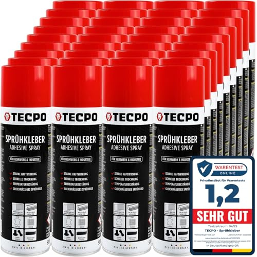 TECPO Sprühkleber 36x 500ml, Industriekleber, Stark haftend, Schnelle Trocknung, Hohe Temperaturbeständigkeit, Vielseitig für Textilien, Leder, Schaumstoffe, Dämmmaterialien, PVC, Papier