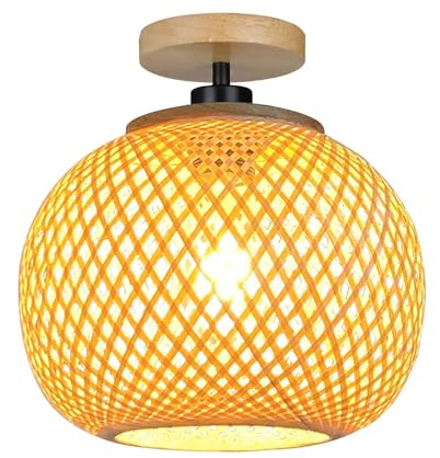 YIKEGE LICHT Vintage Boho Rattan Holz Deckenleuchte Hängelampe Bambus Lampe Φ25cm Rund Lampenschirm Groß Deckenlampe Badlampe Badezimmerlampe - E27 Deckenleuchten für das Bad Küche Schlafzimmer Flur