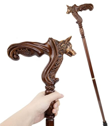 Spazierstock Wolf Aus Holz, mit Ergonomischem Griff und Rutschfester Gummispitze, Luxuriöser Dekostock für Damen und Herren 98 cm Lang
