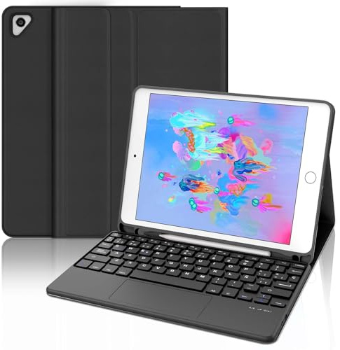 Teclado con Touchpad para iPad 6/5 Generacion 2018/2017, Air 2/1 2014/2013 | Español Ñ QWERTY Teclado Desmontable Bluetooth con Trackpad para iPad 6/5 Generación 9.7, Negro