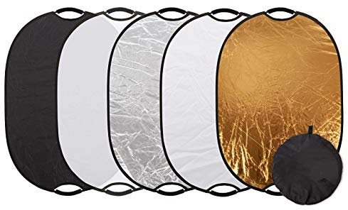 BOLLUMA 5-in-1 Handheld Multi Collapsible Light Reflector 60x90cm Studio Photography Portable Oval Diffuser Light Reflector with Carrying Case, Multi Disc Translucent, Silver, Gold, White and Black