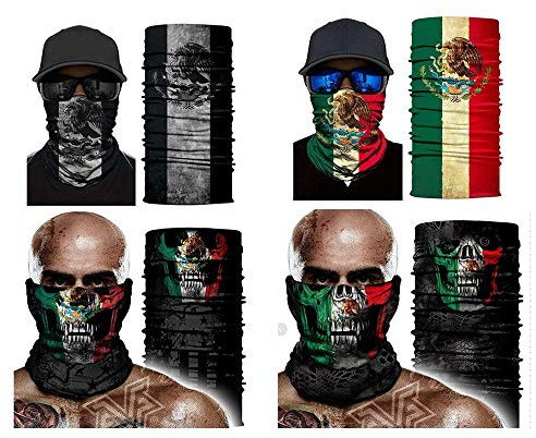 4PCS Skull Mexico Face Sun Scarf Tube Skeleton Bandana Neck Gaiter Magic Balaclava for Riding Biker Fishing Cycling Running Hiking