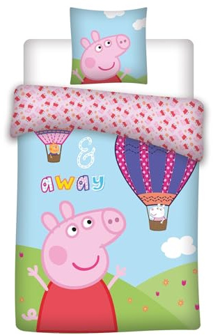 Peppa Pig Peppa Pig Bettwäsche und der Ballon, Bettdeckenset, Kissenbezug 40 x 60 cm, Bettbezug 100 x 135 cm, 100 Baumwolle Öko-TEX | Wendbare Baby-Bettwäsche | Baumwolle zertifiziert Oeko-Tex | Peppa Pig Lizenz | Mädchen 0-3 | Maschinenwaschbar
