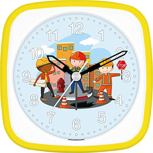 Eurotime Wecker Jungen Baustelle Bauarbeiter, Kinderwecker, Gelb, Kunststoffgehäuse und Kunststoffglas, geräuscharmer Wecker, ohne Ticken, mit Licht und Weckwiederholung, 27140-03