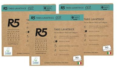 R5, Eco Tabs Lavatrice, 90 Pastiglie per la Lavatrice, con Tensioattivi di Origine Vegetale, Senza Coloranti, Certificate Ecolabel, Made in Italy, 3 x 30 Pods