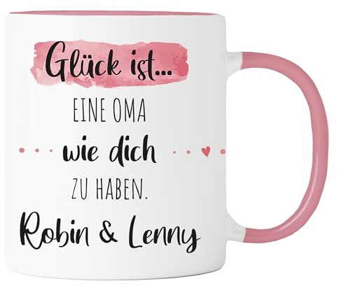Tasse personalisiert – Glück ist eine Oma wie dich zu haben | Rosa | Keramik Kaffeetasse, 330 ml, beidseitig bedruckt, spülmaschinenfest, mikrowellengeeignet, Geschenk mit Name