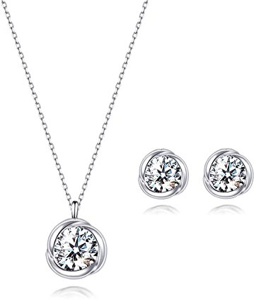 immobird Damen Schmuckset 925 Sterling Silber Frauen Kette und Ohrringe Set mit April Geburtsstein Weiß Zirkonia Brautschmuck Geschenke für Freundin Mama Frauen