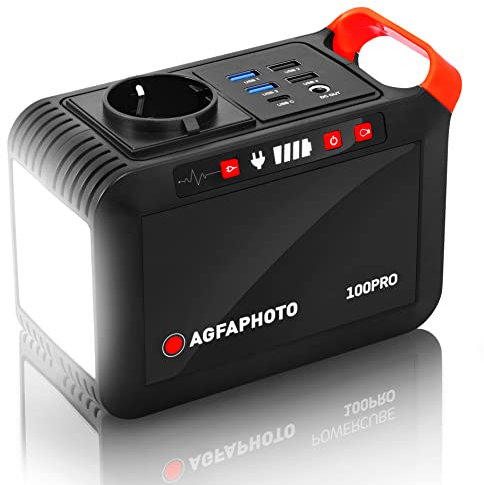 AgfaPhoto Powerstation PPS100 Pro 88,8Wh | 230V AC Steckdose, mobiler Stromgenerator mit USB (4x USB-A QC & 1x USB-C PD2) und 12V DC Ausgang | tragbare Powerbank (120W) als Stromversorgung für Outdoor