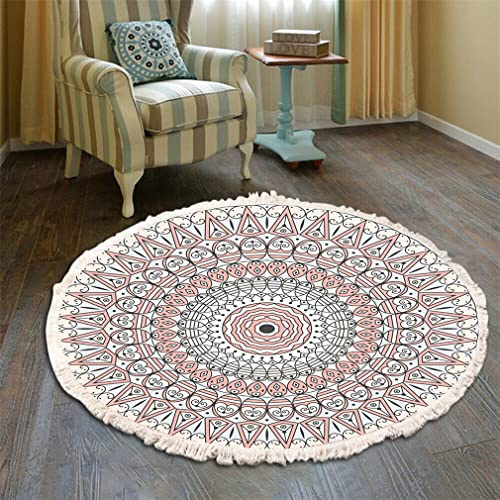 Bohemian Teppich Rund - Mandala Muster Mit Quasten, Waschbare Baumwolle für Wohnzimmer Und Schlafzimmer (60cm, Rosa)