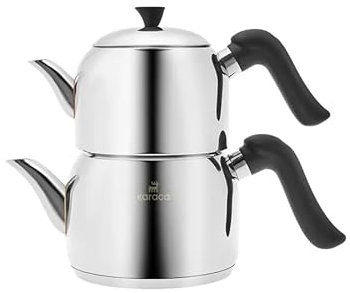 Karaca Edana Stainless Steel Tea Pot (Teapot with Lid 1.35 L & Tea Kettle 1.95 L) - Induction Turkish Teapot Set - Non-Burning Bakelite Handles Midi Tea Maker