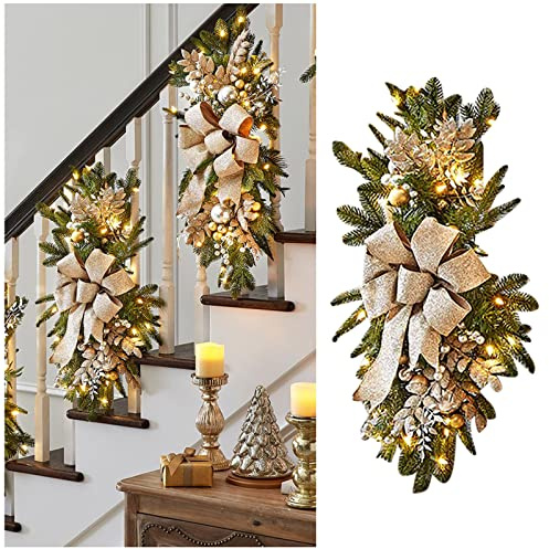 Gelb&Schwarz Wreath Prelit Stairway Swag Trim,Christmas Garland with Lights Cordless Prelit Stairs Decoration Artificial Christmas Garlands Decoration for Stairs Fireplaces Xmas Tree Garden (Gold)